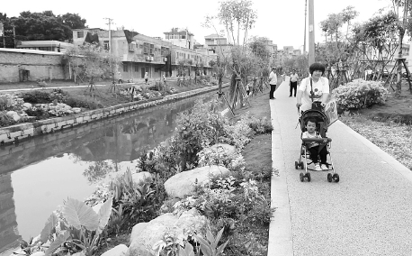 市民在龙津河沿岸散步